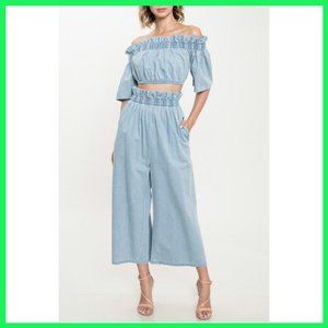 NWT Denim Off Shoulder Crop Top & Culotte Set SML